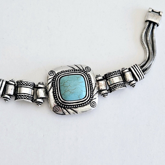Faux Turquoise Chunky Bracelet Blue Silvertone Southwestern Aztec Boho Geometric - Picture 3 of 8